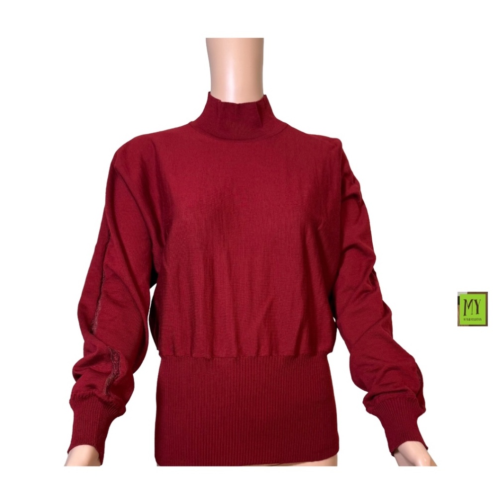 MaxMara Studio Bordeaux Knit Sweater Mock Neck Lace Sleeve Size M NWT